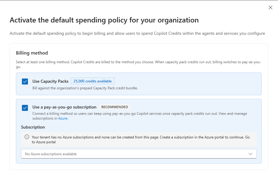 Activating the default spending policy and choosing a billing method