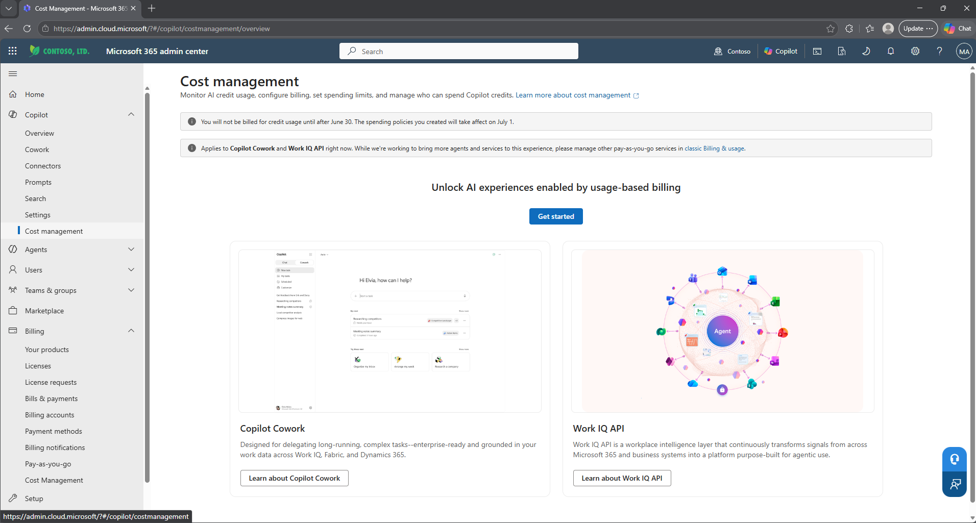 The Cost Management page in the Microsoft 365 admin center