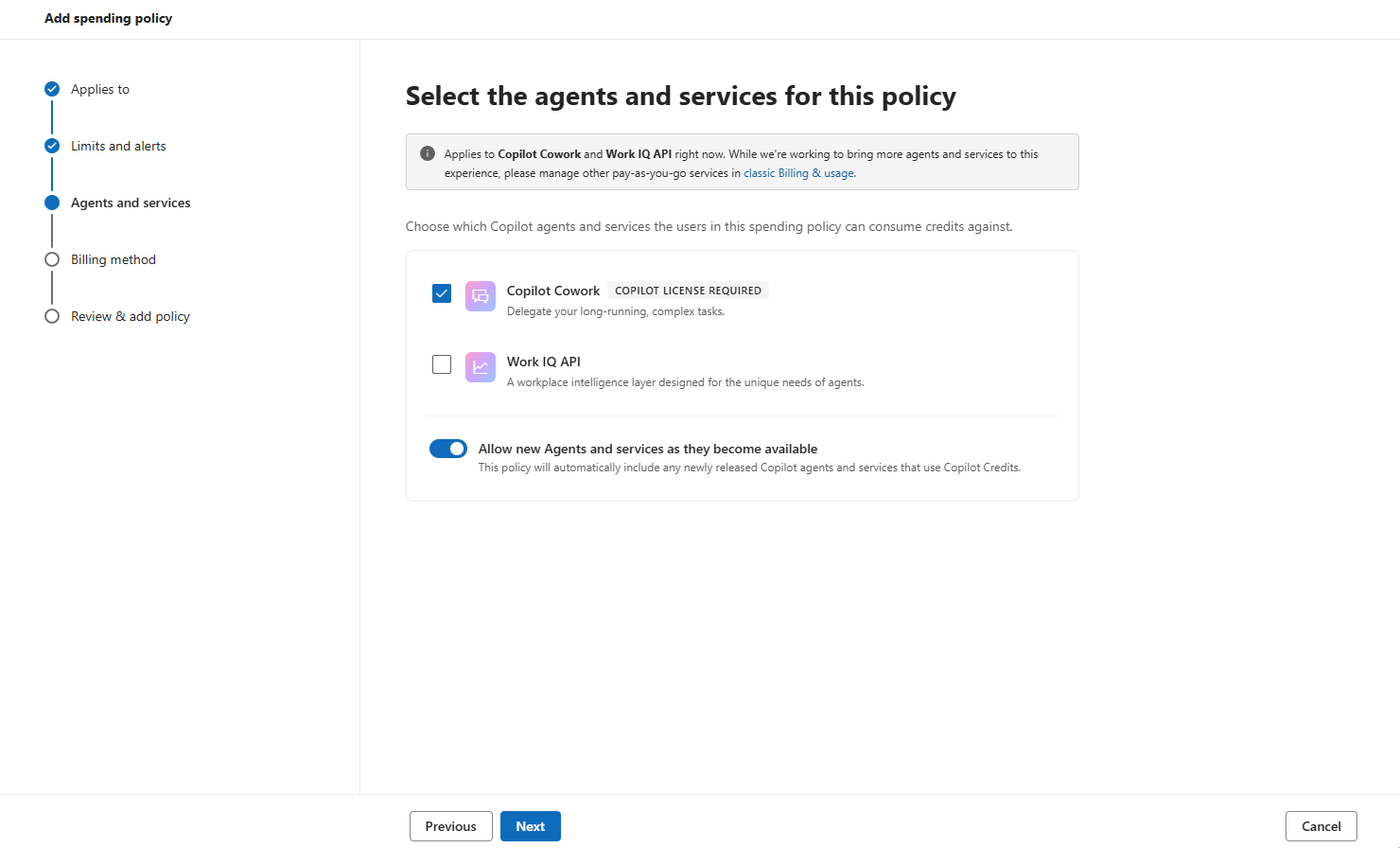 The services a policy covers, with a toggle for new ones