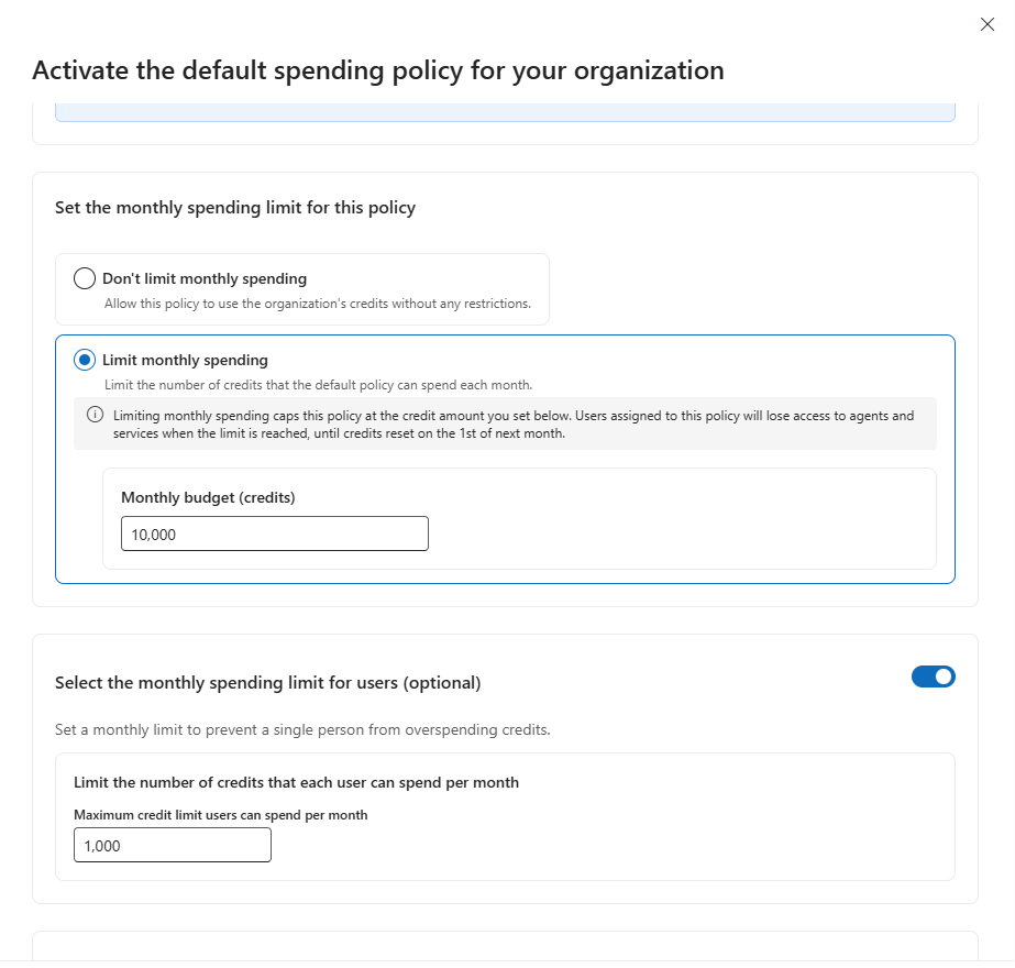 Setting the monthly cap and per-user limit on a policy